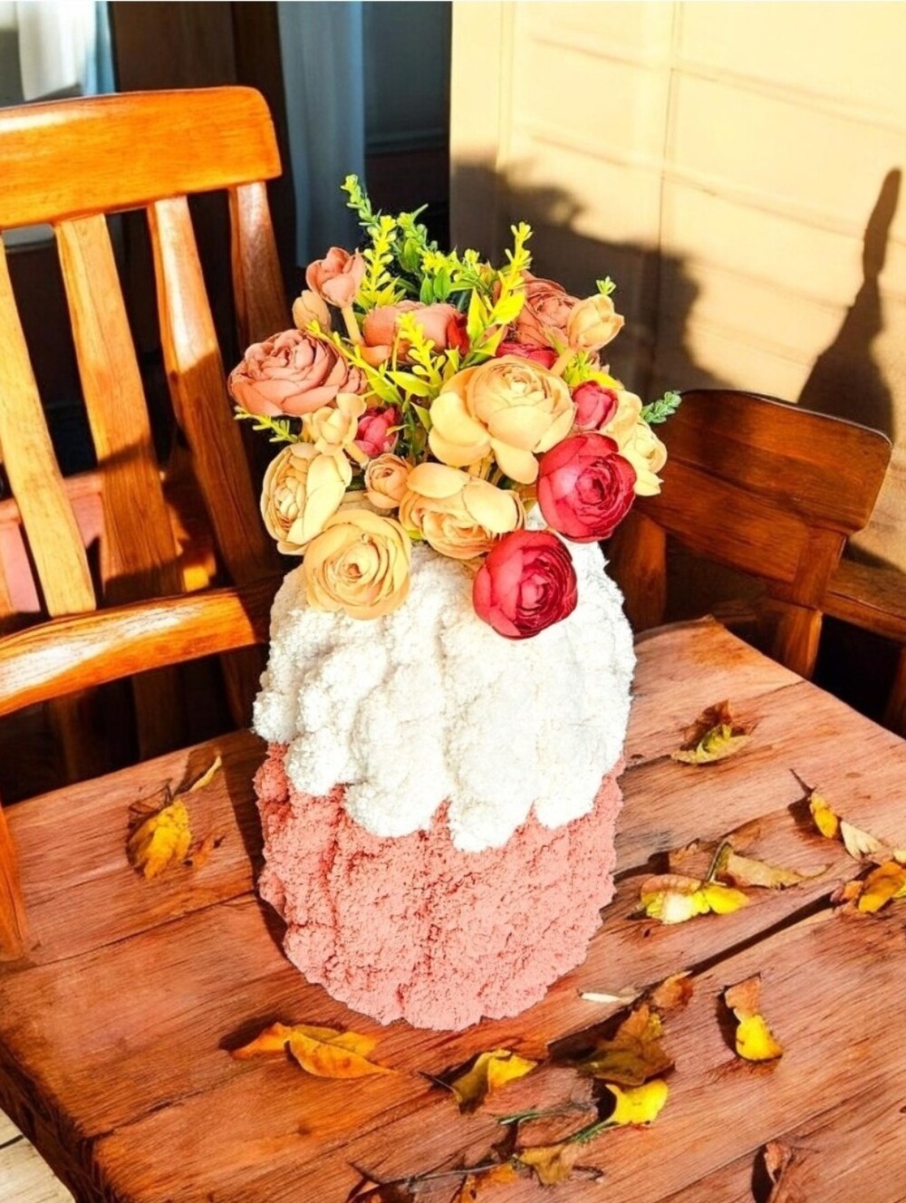Handcrafted White and Orange Textured Vase with Mixed Floral Arrangement